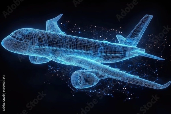 Fototapeta Glowing blue wireframe airplane with networking nodes on a dark background. It represents technology, engineering, design, or even the future of air travel.