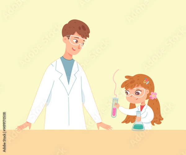 Obraz Girl doing science experiment with teacher supervision. Chemistry class, child in lab coat and safety glasses, holding test tube with colorful liquid. School laboratory. Vector illustration.