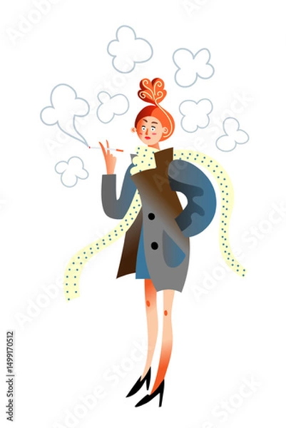 Obraz A woman with red hair styled in an elegant bun stands confidently while smoking a cigarette. She wears a chic gray coat and a light scarf, surrounded by whimsical puffs of smoke.