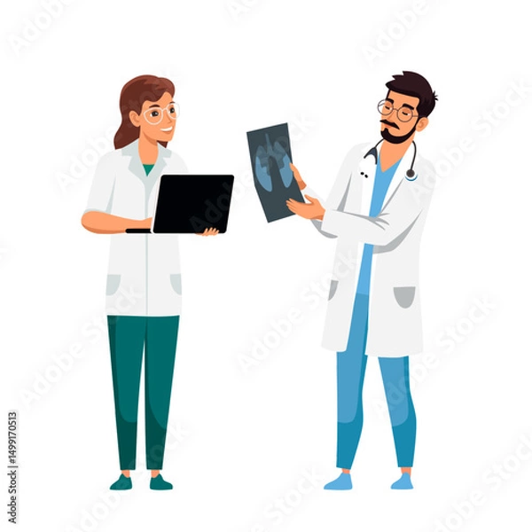 Obraz Two doctors in medical coats analyzing X-ray and working on laptop. Healthcare professionals discussing patient diagnosis. Medical consultation, hospital staff, clinical research. Vector illustration.