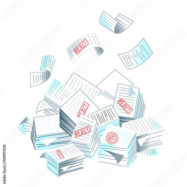Obraz Bureaucracy concept. Paper documents, paperwork background. Administrative overload. Large pile of paperwork with stamps like accept, reject, approve, consider. Flat vector illustration.