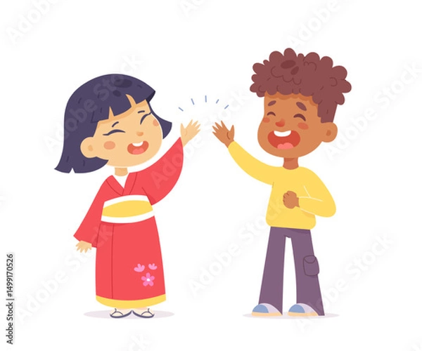 Obraz Happy kids giving a high five. Smiling girl and boy celebrating together. Friendship and teamwork concept. Cute flat vector illustration isolated on white background.