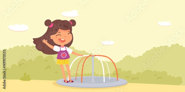 Obraz Girl playing in park. Kids at playground. Outdoor summer activities in backyard. Cartoon vector illustration.