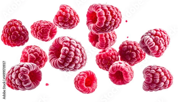 Fototapeta Freeze dried raspberries floating on transparent background