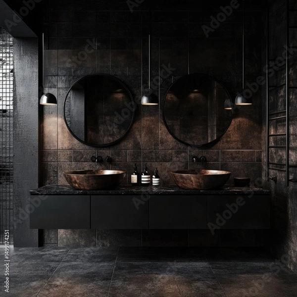 Fototapeta Dark, moody bathroom with dual wooden sinks, large round mirrors, dark tile, and minimalist black vanity