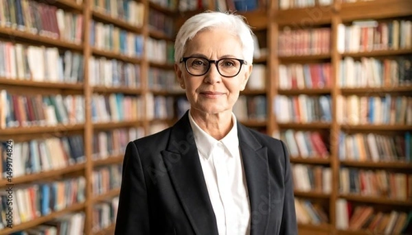 Fototapeta Portrait of an older woman wearing glasses and a business suit in front of a library background with bookshelves filled with books
