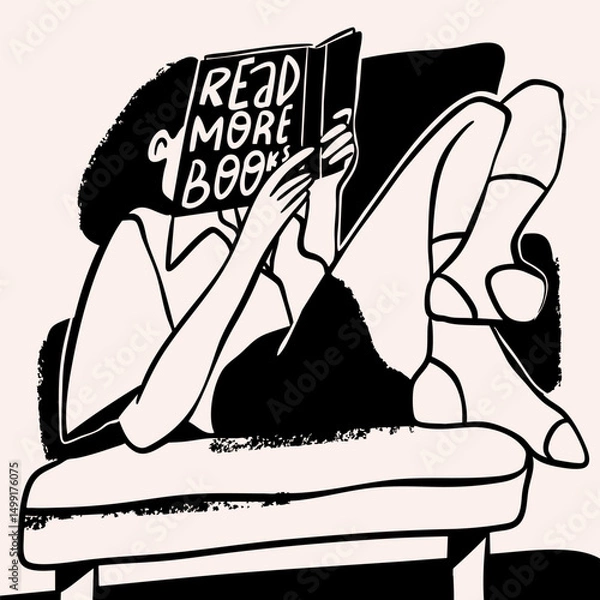 Fototapeta Young woman sitting on armchair and reading a book. Comfortable pose. Relax, stay home, education, coziness, rest, hobby, lazy time concept. Hand drawn Vector illustration. Isolated design element