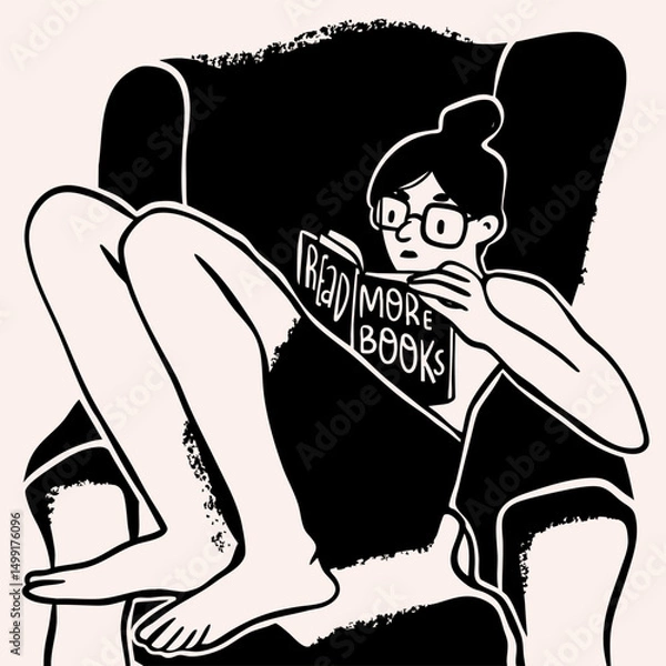 Fototapeta Young woman sitting on armchair and reading a book. Comfortable pose. Relax, stay home, education, coziness, rest, hobby, lazy time concept. Hand drawn Vector illustration. Isolated design element