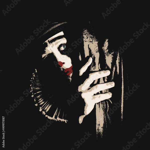 Obraz Illustration of Mysterious Clown Waiting in the Shadows Backstage at a Circus Theater