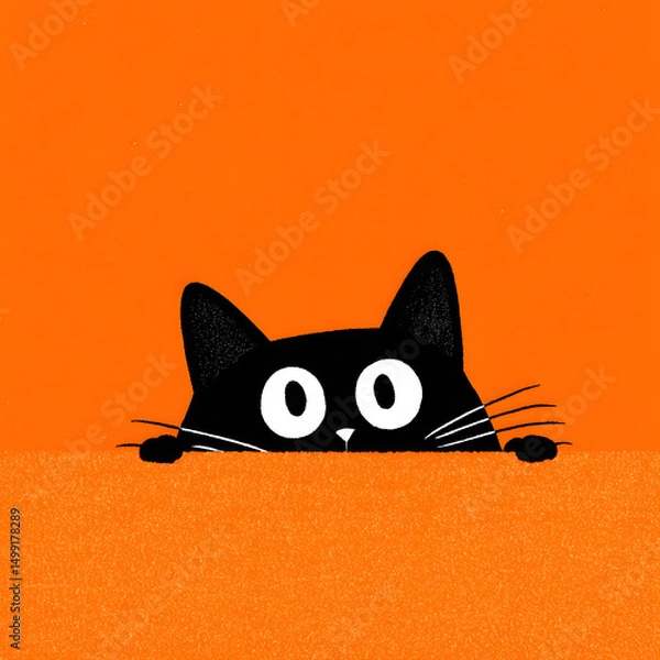 Fototapeta A flat illustration of a black cartoon cat with round eyes peeking from under a blanket-like shadow on a vivid orange surface, copy space for text.