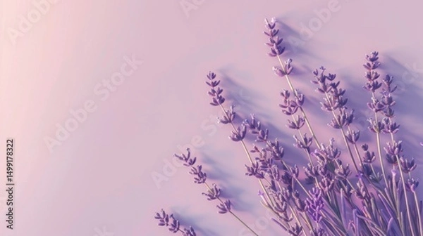 Fototapeta A cluster of purple lavender stems on a soft lavender table, with empty space perfect for adding text or logos.