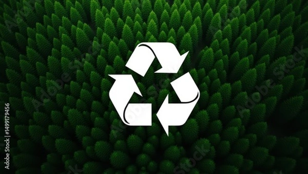 Fototapeta Recycling symbol set against a backdrop of stylized green foliage.
