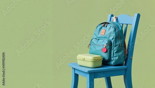 Fototapeta Backpack and lunchbox resting on blue chair against green wall  