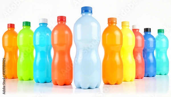 Fototapeta Colorful plastic bottles arranged in a row on a white background  