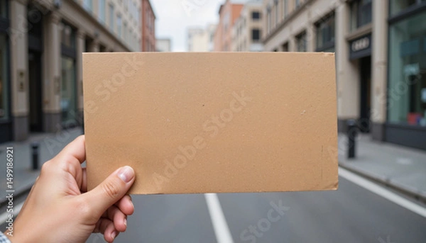 Fototapeta Hand holding envelope in empty street with buildings in background  