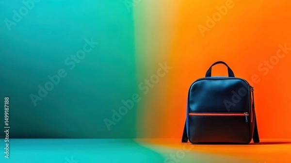 Fototapeta Stylish black backpack with orange zipper against a vibrant gradient background