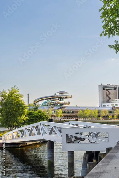 Fototapeta View of Fenix museum art museum about migration opened in may 2025 with pedestrian bridge in front in Rotterdam port city South-Holland the Netherlands