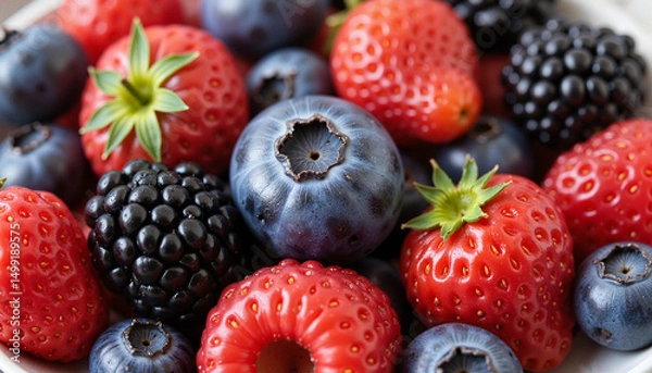 Fototapeta Fresh mixed berries in a bowl displaying vibrant red and blue colors  