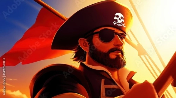 Obraz A determined pirate captain stands on a ship?s deck, holding a flag against a sunset backdrop