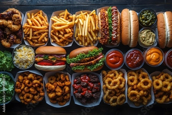 Fototapeta Overhead view of assorted fast food items on a dark wooden surfa