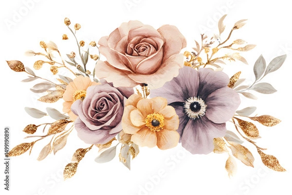 Fototapeta Elegant beige and gold watercolor floral bouquet with anemone rose and glitter leaves isolated on transparent background