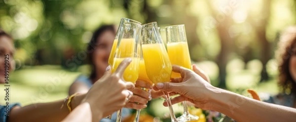 Fototapeta The vibrant toast of friends enjoying mimosas in a sunny garden setting.