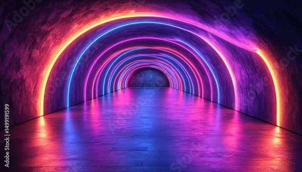 Fototapeta Curved tunnel with vibrant, multicolored neon lights and concrete walls. Great for futuristic concepts, abstract backgrounds, or modern designs.