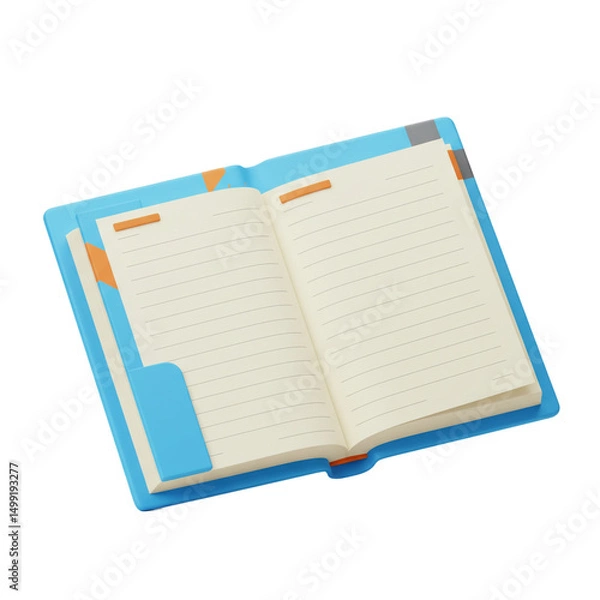 Fototapeta Vibrant Blue Notebook Mockup: Open Pages, Lined Paper, Orange Markers, Pocket, 3D Render Ideal for Education, Organization, and Productivity Concepts