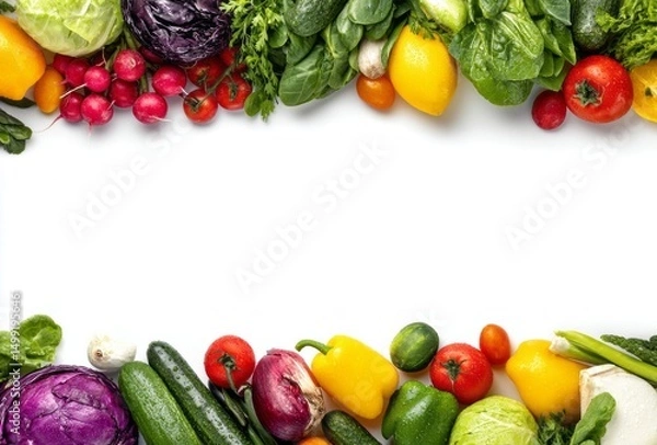 Fototapeta Colorful array of fresh vegetables arranged in a border.