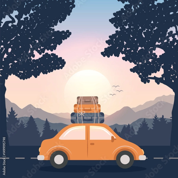 Obraz road trip adventure in the wilderness car on mountain landscape vector illustration