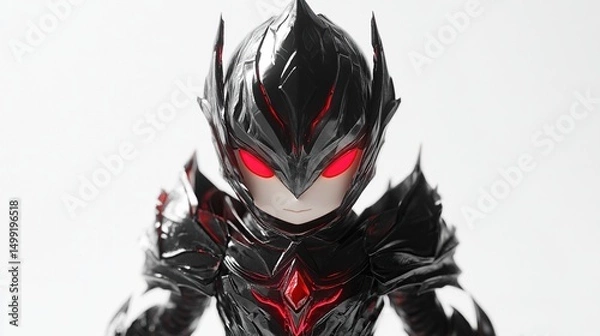 Fototapeta A chibi-style armored figure with a dark, metallic, black suit, glowing red eyes, and sharp, angular helmet details, set against a stark white background