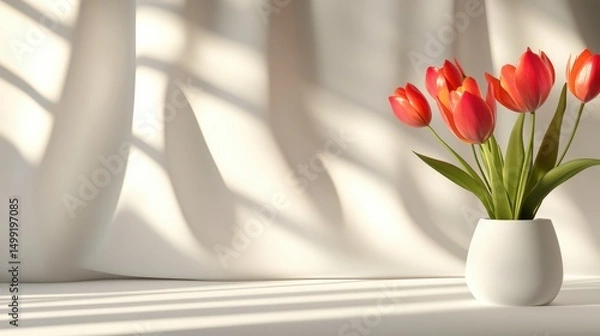 Fototapeta Bright tulips in a white vase casting shadows on a softly lit background, ideal for decor
