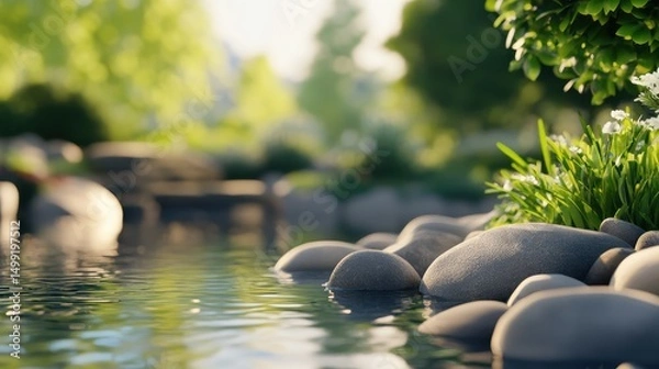 Fototapeta Serene riverside scene with smooth stones, lush greenery, and gentle water reflections