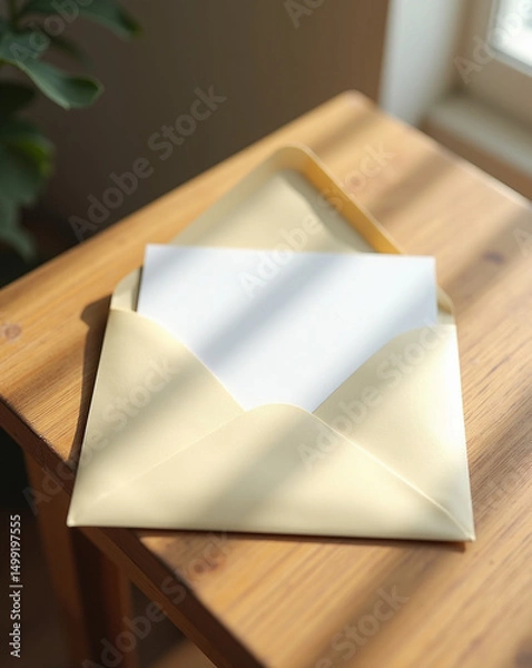 Obraz Letter on a wooden table bathed in sunlight, waiting to be read or to send a message.