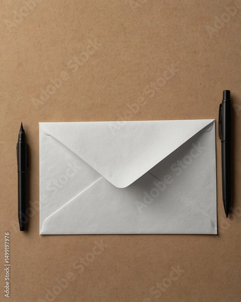 Obraz White envelope with two black pens laying on brown surface viewed from directly above.