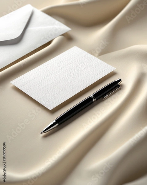 Obraz Elegant stationery set featuring a pen, card, and envelope on a silk backdrop.