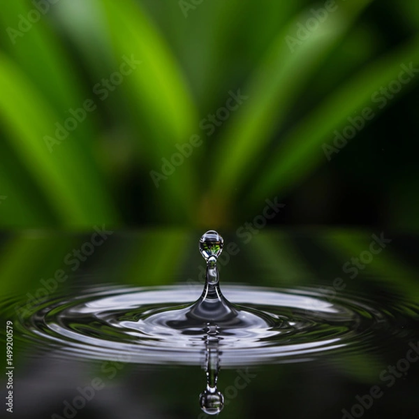 Fototapeta Single drop of water is sitting on the surface of a body of water