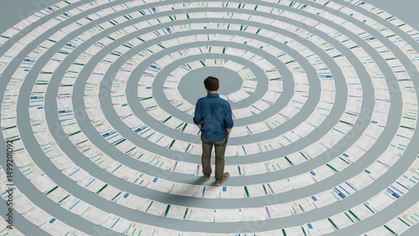 Obraz Man Standing at the Center of a Spiral of Receipts - Overwhelmed by Financial Burden and Debt, 3D Render