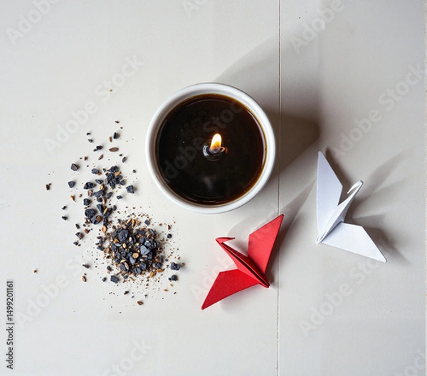 Obraz Candle with flame surrounded by decorative origami and gravel  