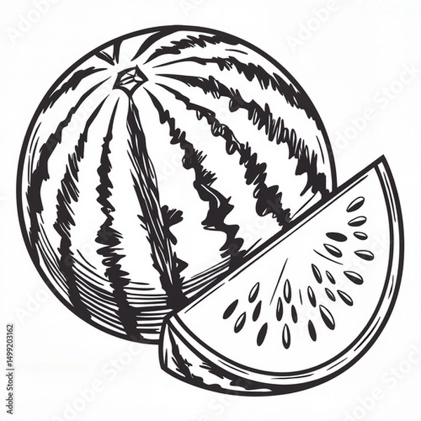 Obraz Watermelon slice in hand-drawn vintage style in black and white representing summer freshness and organic fruit illustration