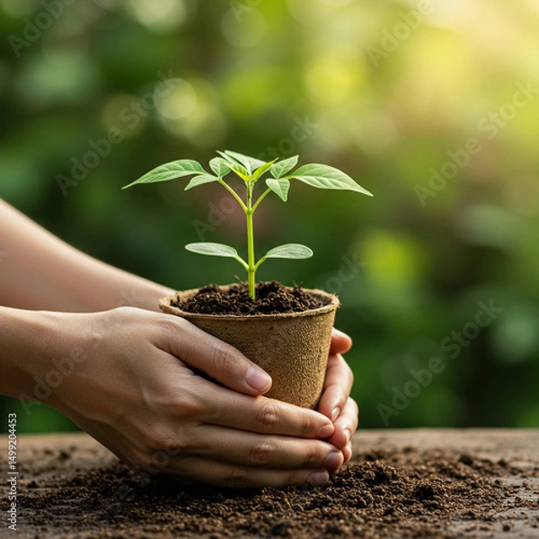 Fototapeta Person is holding a small plant in a pot