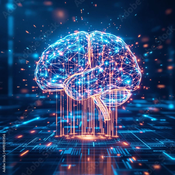 Fototapeta Brain made of wires and circuits is lit up in a blue and orange color