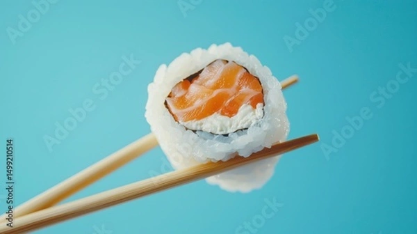 Obraz Sushi roll with salmon and cream cheese held by chopsticks on blue background
