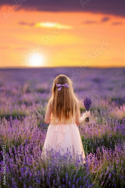 Obraz girl child stands in a field of lavender and looks at the sunset. She is wearing a light pink dress and a lilac bow. There is a bouquet of lavender in her hand. View from the back