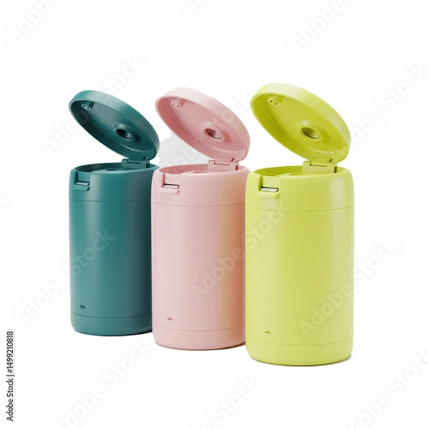 Fototapeta Vibrant Trio of Portable Food Containers with Flip Lids Ideal for On-the-Go Meals Stylish and Functional Design Perfect for Lunch Boxes or Travel