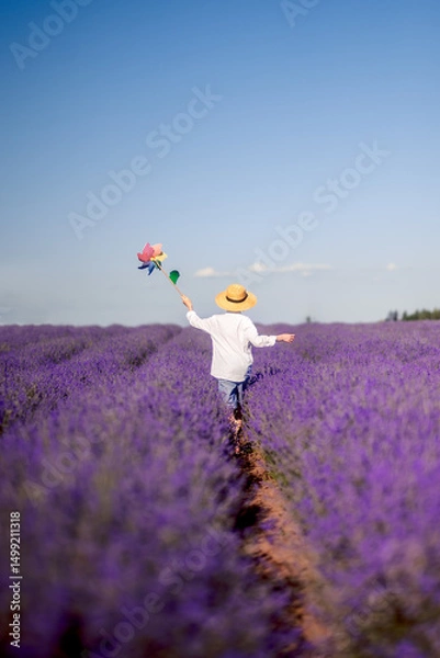 Obraz A boy in a hat runs into a field of lavender. Provence