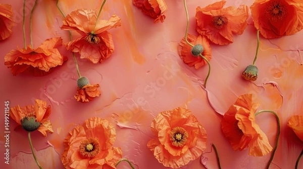Fototapeta Top view of vibrant orange poppies arranged on a soft coral table featuring soft patterned lines, adding depth and interest to the floral arrangement.
