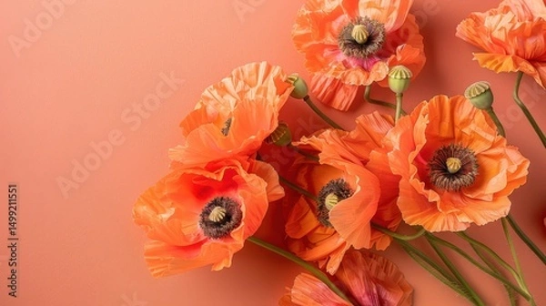 Fototapeta Top view of vibrant orange poppies arranged on a soft coral table featuring soft patterned lines, adding depth and interest to the floral arrangement.
