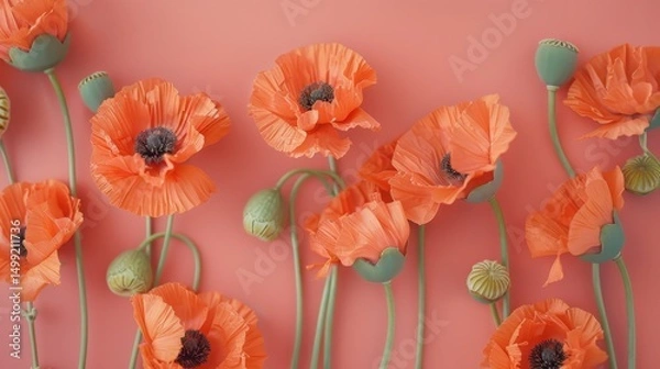 Obraz Top view of vibrant orange poppies arranged on a soft coral table featuring soft patterned lines, adding depth and interest to the floral arrangement.