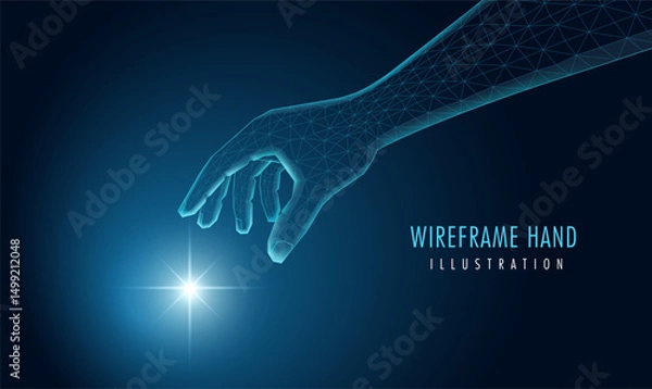 Fototapeta Futuristic wireframe hand, with a mesh glowing light. AI, technology, or connection concept.
